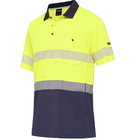 Hi Vis Yellow/Navy polo shirt, size 2XL, featuring cooling Hyperfreeze technology, chest pocket, and reflective safety tape.