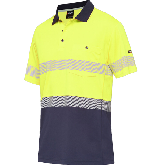 KingGee Hi Vis Hyperfreeze Polo in Yellow/Navy, 5XL, featuring cooling fabric, chest pocket, and high visibility tape.