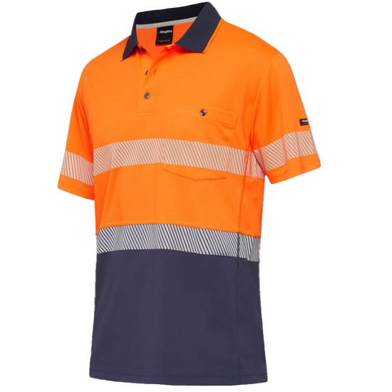 Hi Vis orange and navy polo shirt, size L, featuring cooling Hyperfreeze technology, reflective tape, and a chest pocket.