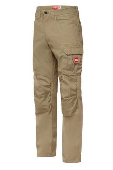 Khaki Hard Yakka Legends Cargo Pants, size 112, featuring durable cotton, articulated fit, UPF 50+, and reinforced knee pockets.