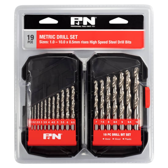 P & N HSS Metric Drill Bit Set featuring 19 precision drill bits for metal, wood, and plastic, crafted from durable M2 HSS steel.