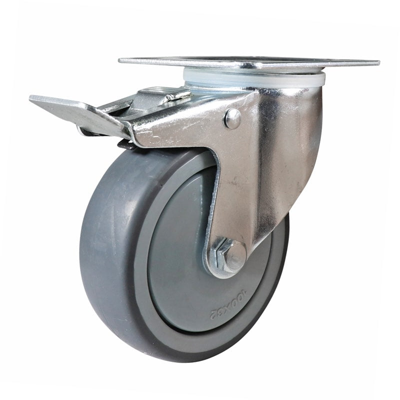 Easyroll 100mm Grey Rubber Plate Castor Swivel Brake 100kg