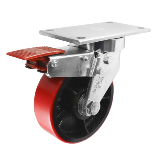 High-quality 150mm swivel brake castor with 600kg capacity, featuring durable urethane on cast iron for floor protection.