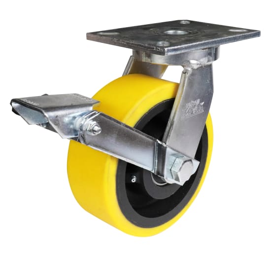 200mm swivel brake castor with zinc-plated urethane on cast iron, designed for heavy loads up to 2000kg.
