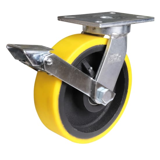 High-capacity 250mm swivel brake castor with zinc-plated urethane tread on cast iron, ideal for heavy-duty industrial use.