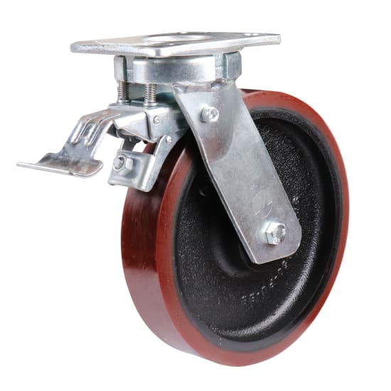Heavy-duty 250mm swivel brake castor with 1200kg capacity, made of urethane on cast iron for superior performance and floor protection.