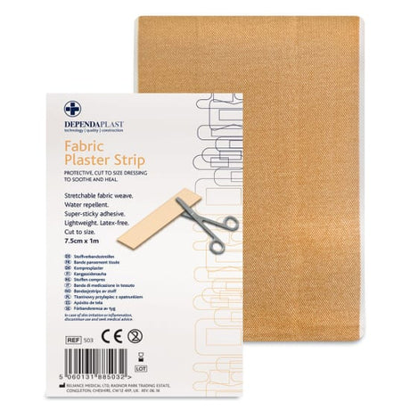 Dependaplast Fabric Dressing Strip, a flexible and durable wound protector with a super-sticky adhesive for outdoor activities.