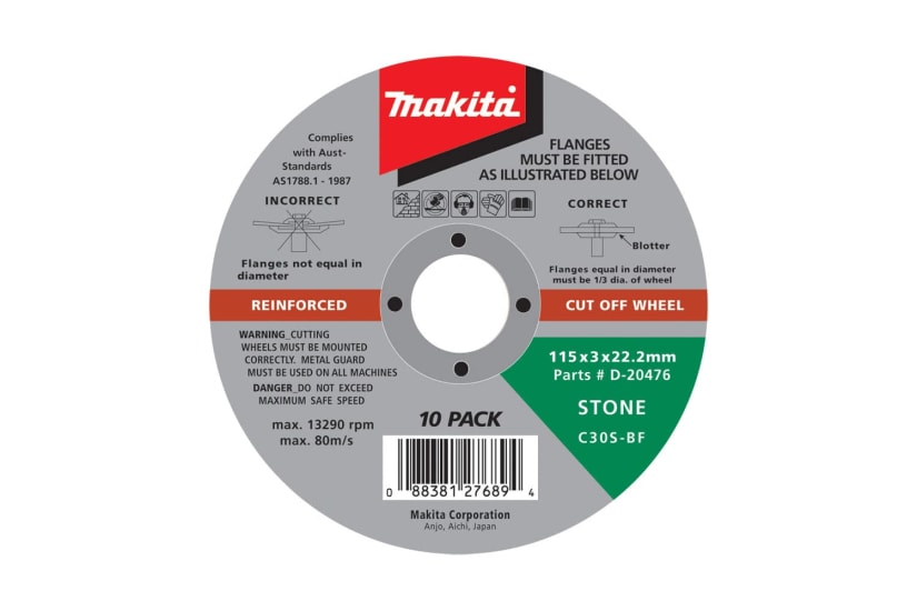 Makita 10-pack cut off disc wheels designed for masonry, 125 x 3 x 22.23mm, black silicon carbide, 30-grit for precise cuts.