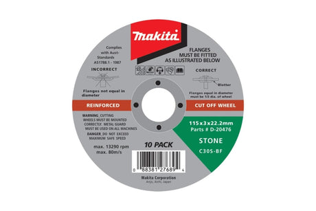 Makita 10-pack cut off disc wheels designed for masonry, 125 x 3 x 22.23mm, black silicon carbide, 30-grit for precise cuts.