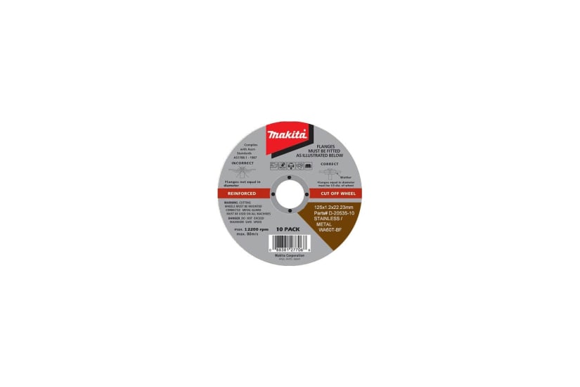 Makita 10-pack cut off discs for metal, 100mm x 1.0mm, designed for precision cuts on stainless steel and various metals.