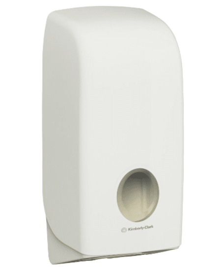 Sleek white interleaved toilet tissue dispenser promoting touch-free hygiene, designed for Kleenex single-sheet tissues.