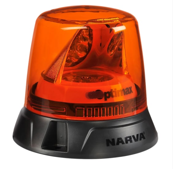 Amber Narva Optimax LED rotating beacon with 6 powerful LEDs, vibration-resistant, and durable IP67-rated construction.