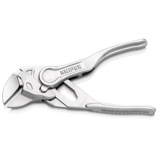 Knipex Pliers Wrench XS: ultra-compact tool with slim head, one-handed adjustment, and 21 mm gripping capacity for tight spaces.