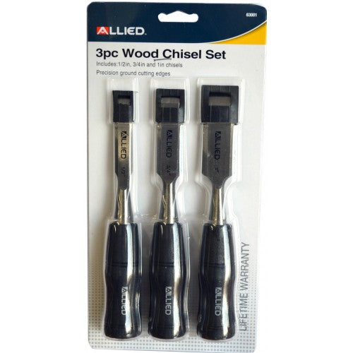 Three-piece wood chisel set with alloy steel blades and rubber handles in 12mm, 20mm, and 25mm sizes.