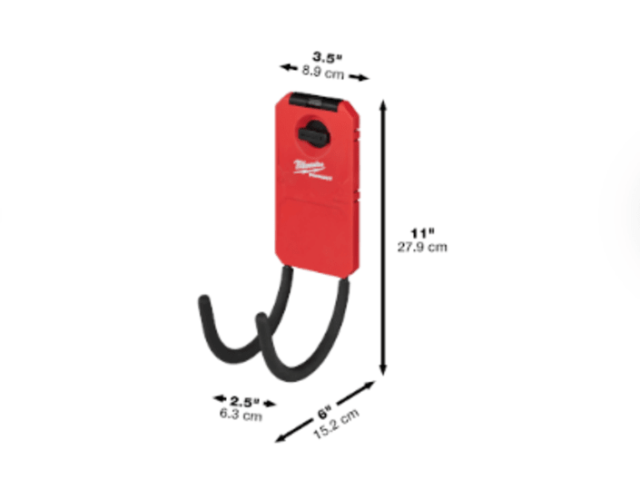 Milwaukee PACKOUT 6" Curved Hook designed for secure tool storage; features metal reinforcement and protective rubber grips.