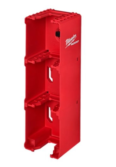 Milwaukee PACKOUT M18 Battery Holder securely stores up to four M18 batteries, integrating with PACKOUT Wall Plates for efficient organization.