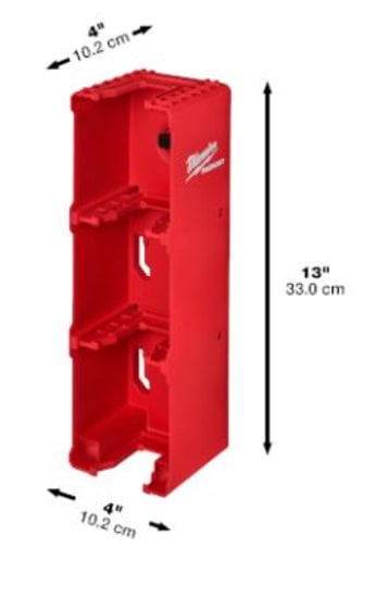 Alt text: Milwaukee PACKOUT M18 Battery Holder securely stores up to four M18 batteries, designed for optimal workshop organization.