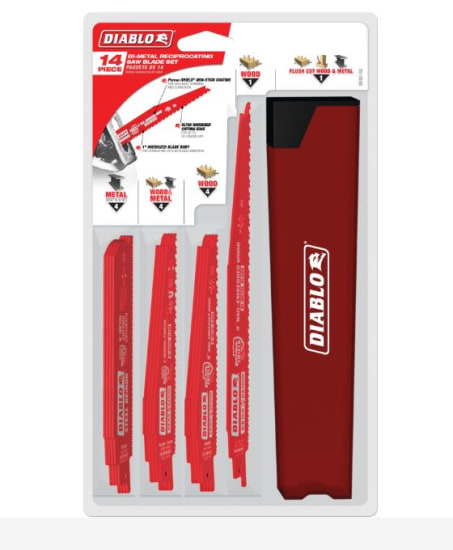 Diablo 14-Piece Recip Blades Set for wood and metal cutting, featuring long-lasting bi-metal technology and non-stick coating.