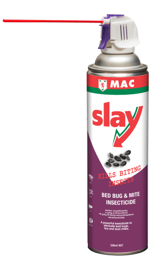 MAC Slay Bed Bug & Mite Insecticide 500ml for effective pest elimination, safe on fabrics, includes extension tube & trigger.