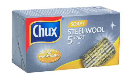 Chux Soapy Steel Wool Soap Pads 5 Pack, ideal for heavy-duty cleaning with built-in soap for tackling tough grease.