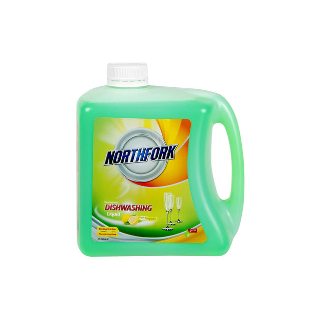 Northfork Dishwashing Liquid 2L, eco-friendly and concentrated, effectively cleans kitchen items while being gentle on hands.