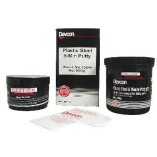 Dark grey Devcon Plastic Steel 5 Minute Putty 500g for fast-setting, durable repairs on metal surfaces and vertical applications.