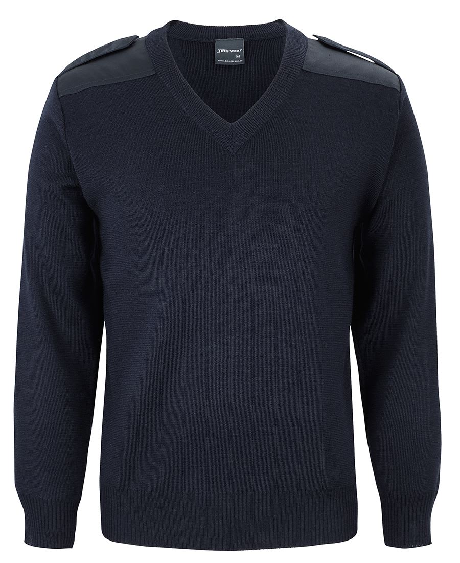 JB's Wear, Knitted Epaulette V-Neck Jumper, 6EJ - Navy (Size: L)