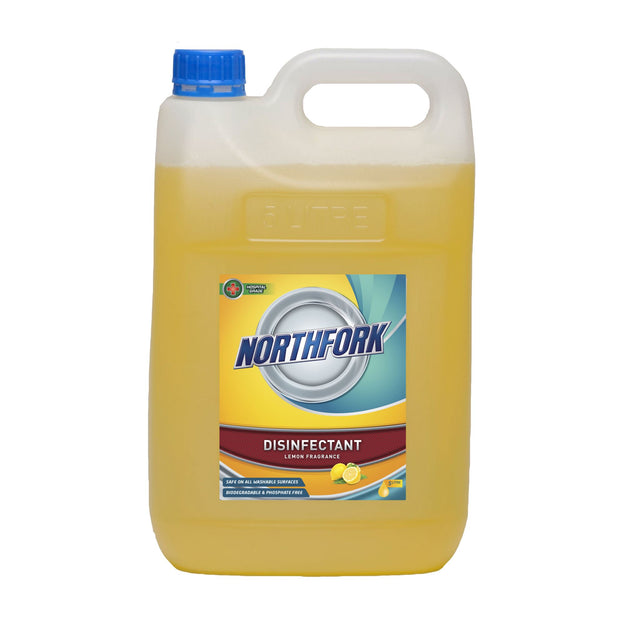 Northfork Lemon Disinfectant pack of 3, 5L bottles, hospital-grade cleaner for effective hygiene and fresh lemon scent.