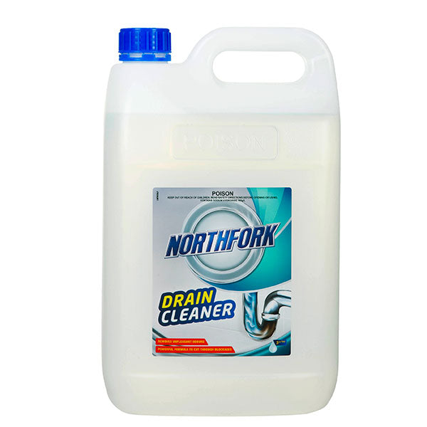 Northfork 5L Drain Cleaner bottle, designed to dissolve tough clogs in any type of drain safely and effectively.