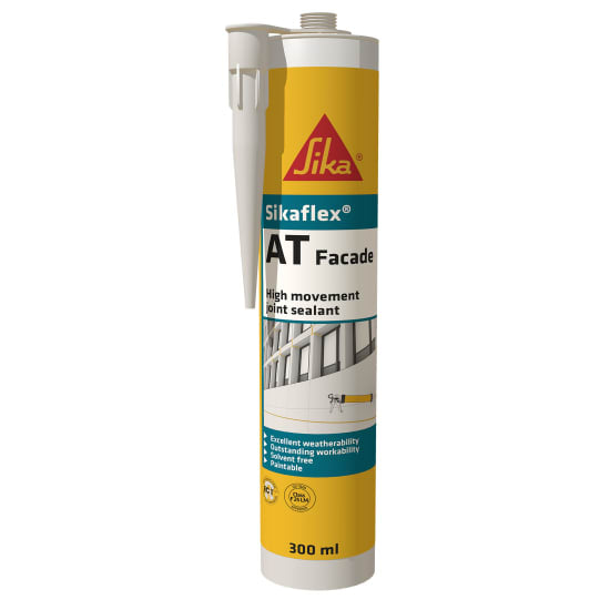 Sikaflex AT Facade White sealant pack for joint sealing, weather-resistant, over-paintable, suitable for various surfaces.