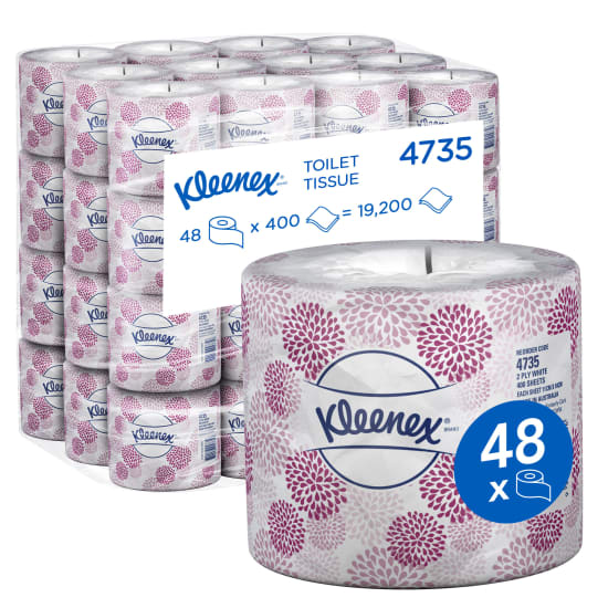 Kleenex 2-Ply Toilet Paper rolls in a case of 48, featuring 400 sheets per roll, ideal for comfort and hygiene in any restroom.