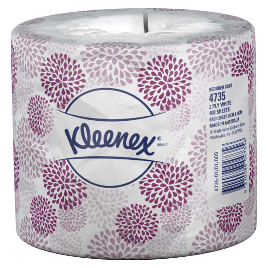 Kleenex 2-ply toilet paper rolls, 400 sheets each, individually wrapped for hygiene, case of 48 for comfort and quality.