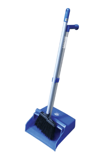 Filta Lobby Dustpan Brush Set in blue with ergonomic handle for easy cleaning, enhanced angled lip, and broom cleaning comb.