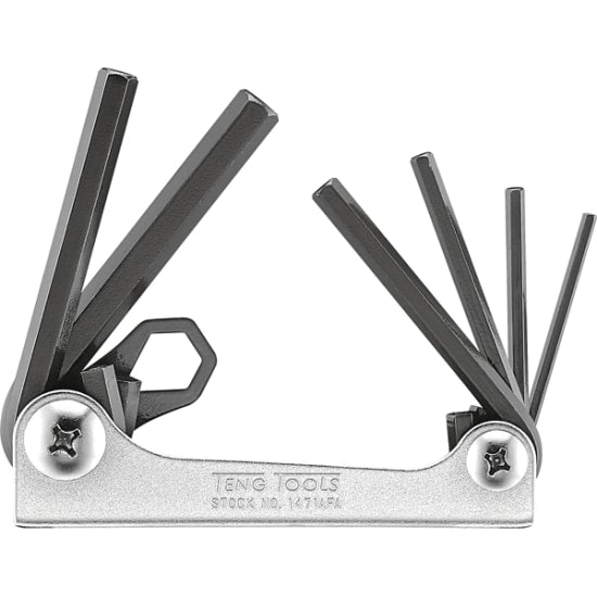 Folding 6 piece hex key set in chrome vanadium, sizes 1/8"-3/8", designed for precision and easy portability.