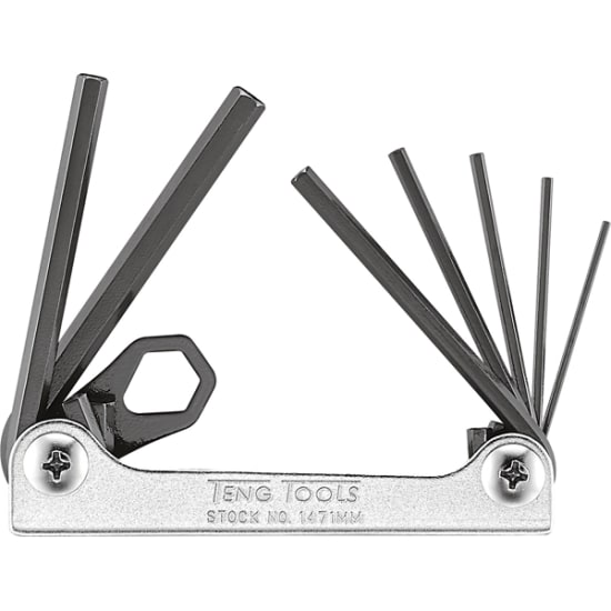 Teng 7 Piece Folding Hex Key Set in compact chrome handle, featuring sizes 1.5mm to 6mm for versatile tool use.