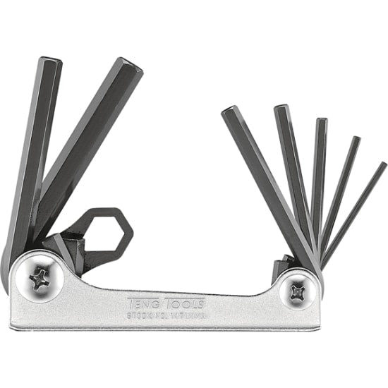 Compact Teng 7 Piece Folding Hex Key Set (2.5mm-10mm) with chrome vanadium steel, ideal for repairs and DIY projects.