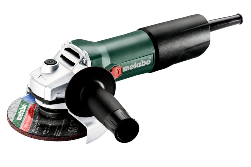 Metabo 125mm angle grinder, 850W, lightweight design, 11,500 rpm speed, ergonomic handle for comfort and control.