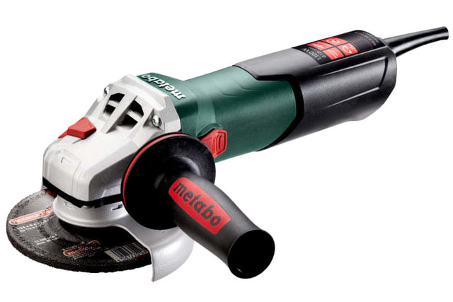 Metabo 125mm angle grinder with soft start, 1100W, adjustable speed, safety clutch, and ergonomic handle for optimal user comfort.