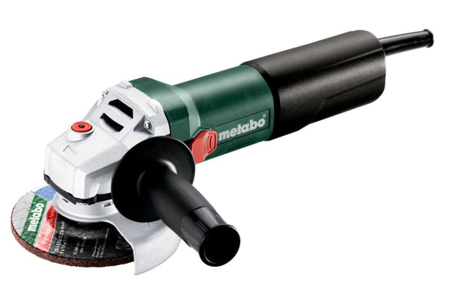 Metabo 125mm angle grinder with 1350W motor, M-Quick-System for easy disc changes, and ergonomic design for safety and control.