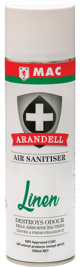 MAC Arandell Air Sanitiser Linen 500 ml can, designed to neutralize odors with a fresh fragrance and ultra-dry micro mist technology.