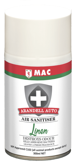 MAC Arandell Auto Air Sanitiser Linen 300 ml in a can, featuring auto dispenser and micro mist technology for effective odour elimination.