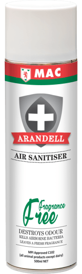 Fragrance-free 500 ml MAC Arandell Air Sanitiser eliminates airborne pathogens for improved indoor air quality.