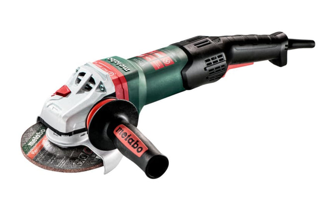 Metabo 125mm angle grinder with 1700W motor, ergonomic design, anti-vibration system, and rapid disc change features.