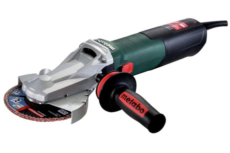 Metabo 125mm flat-head angle grinder, 1500W, designed for precise cutting in tight spaces, features anti-vibration and safety tech.