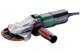 Metabo flat-head angle grinder designed for precision grinding in tight spaces, featuring a powerful 900W motor and safety functions.