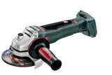 Metabo 18V angle grinder with brushless motor, fast brake system, 125mm disc, and quick-locking nut for safe, efficient use.