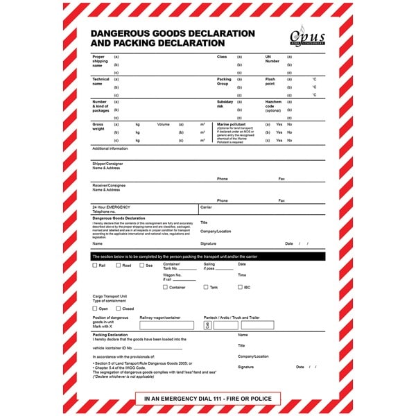 Opus A4 Dangerous Goods Shipping Declaration Pads 50 sheets (Each)