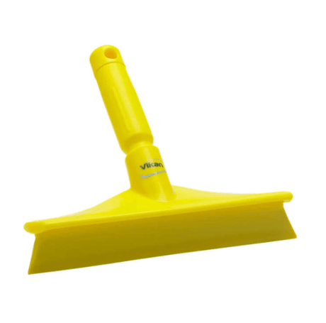 Yellow Vikan hand squeegee with a flexible single blade, designed for efficient cleaning in kitchens and commercial settings.