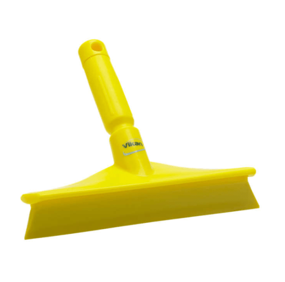 Yellow Vikan hand squeegee with a flexible single blade, designed for efficient cleaning in kitchens and commercial settings.