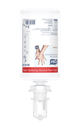 Tork Alcohol-Free Foam Sanitiser S4, a waterless and eco-friendly hand hygiene solution with lactic acid, safe for sensitive environments.